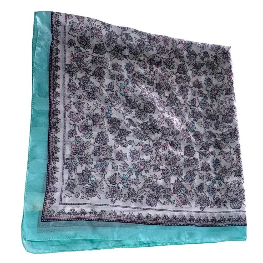 Vintage Berkshire Silken Polyester Scarf Floral Teal Border Grandmacore Coquette
